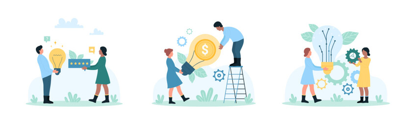 Business ideas set vector illustration. Cartoon tiny people holding light bulb to give and share creative money idea and smart solution, bubble with five stars rating to recommend project and gears