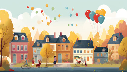 town in the evening, balloons, happy atmosphere