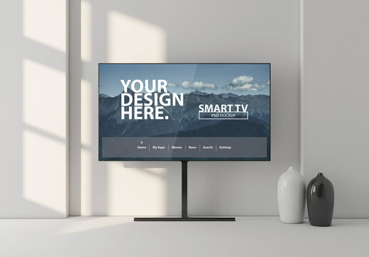 Large Smart Tv Mockup on metal stand in living room near wall
