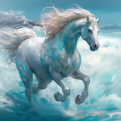 Naklejka na ściany i meble white abstract horse running in the water