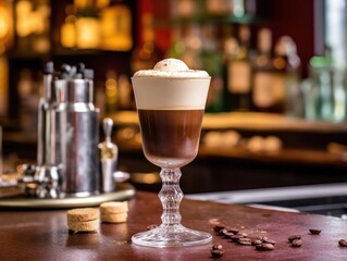 Irish Coffee Cocktail on a bar counter (generative AI)