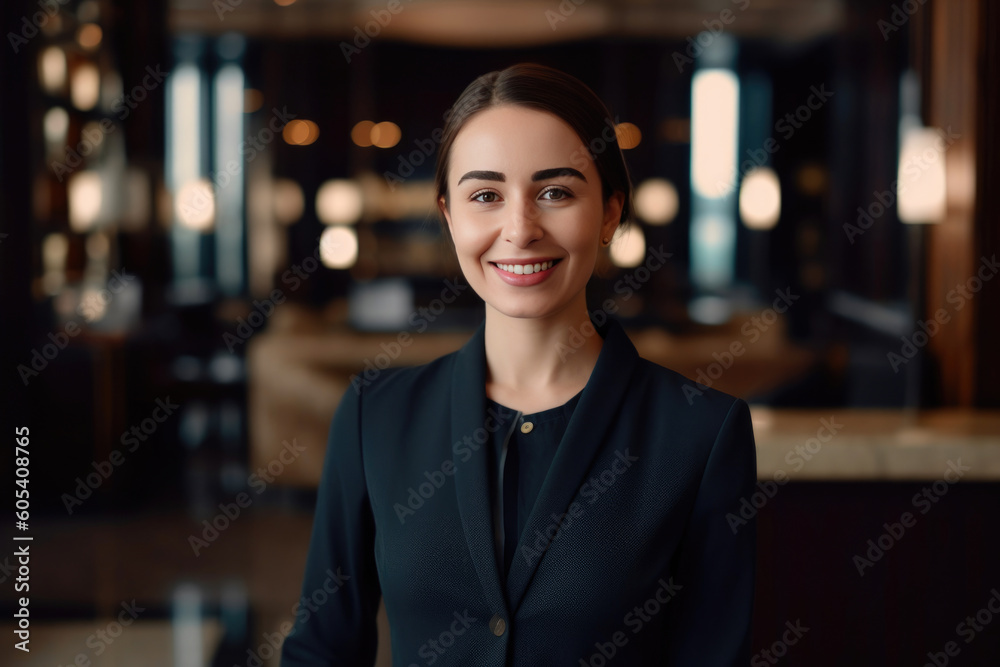 Wall mural a friendly female hotel clerk with a big smile. generative ai