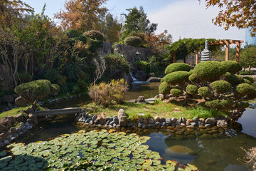japanese garden with flowers and asian landscape