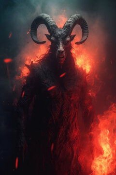 Portrait of a goat with horns in the smoke. 3d rendering. Baphomet demon goat god. Lucifer, belzebu. Devil with horns. Red fire and smoke in hell.