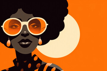 Black and orange woman with sunglasses, in the style of storybook-like, vintage poster style. Generative AI