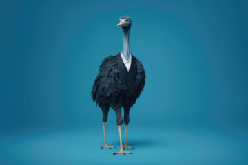 Business ostrich, blue background. Generative AI