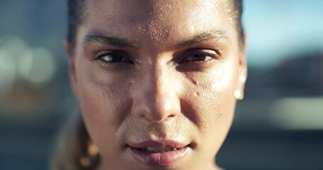 Face, portrait or serious woman in city with fitness, determined mindset or ready for a workout. Runner closeup, exercise training or female sports athlete with motivation for cardio running - Powered by Adobe
