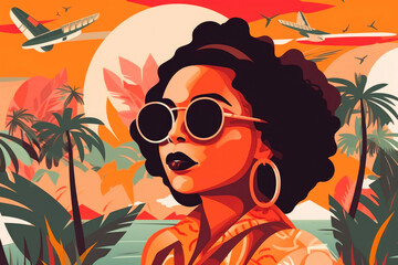 An elegant, happy girl in sunglasses, flying under a plane, in the style of bold graphic design, tropical landscapes. Generative AI