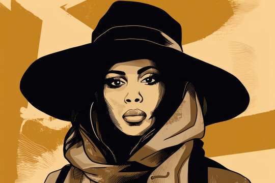 Woman with a black hat and scarf, in the style of iconic pop culture references. Generative AI