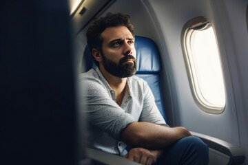 A person sitting on an airplane, looking disappointed. Generative AI