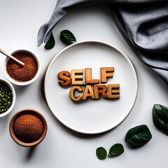 Text "self care" with a food and leaves. Lettering illustration 