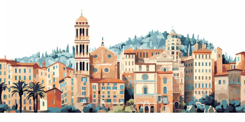 Color illustration of city of Nice architecture isolated on a white background