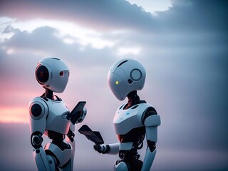Obraz na płótnie Canvas android, robot, cyborg, two robots working using mobile phone generative ai illustration art