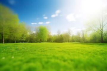 Fototapeta na wymiar Beautiful blurred background image of spring nature with a neatly trimmed lawn surrounded by trees against a blue sky with clouds on a bright sunny day, generate ai