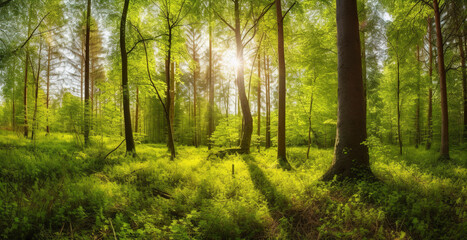 Beautiful rays of sunlight in a green forest, generate ai