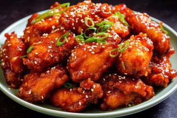 Fototapeta premium Dakgangjeong sweet crispy Dakgangjeong is a deep-fried crispy chicken dish glaze Food photography