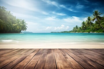 Fototapeta premium Empty wooden table on a beautiful blured tropical beach background. Summer holiday background for product display, generate ai