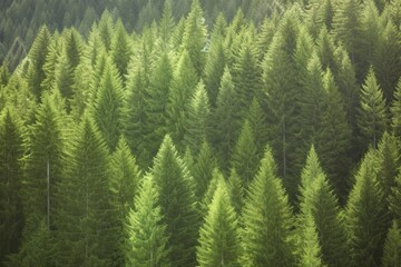 Healthy green trees in a forest of old spruce, fir and pine, generate ai