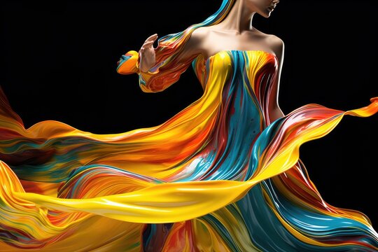 Multi-colored dress made of liquid paints. Generative AI