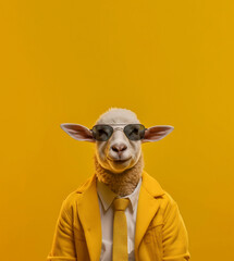 Eid mubarak, Eid al Adha banner or poster with sheep wearing formal dress against yellow background. advertising poster. copy space. Eid ul adha. Generative AI