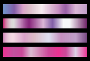 Pink metallic rose vector gradients, pink colorful palette and texture set. Iridescent Foil. Glitch Hologram. Pastel neon rainbow. Ultraviolet metallic paper.   Glossy pink background for ribbons.