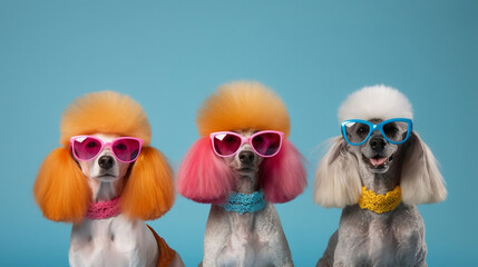 Poodles wearing colorful sunglasses - Generative AI