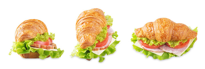 Meat cheese tomato croissant on a white isolated background