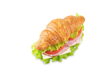 Meat cheese tomato croissant on a white isolated background