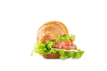 Meat cheese tomato croissant on a white isolated background
