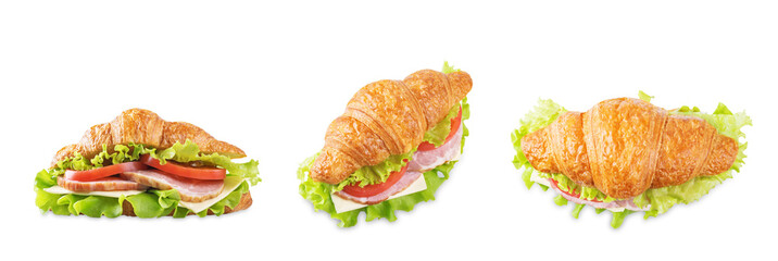 Meat cheese tomato croissant on a white isolated background