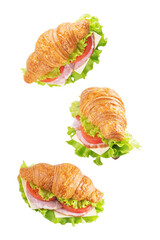 Meat cheese tomato croissant on a white isolated background