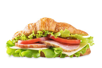 Meat cheese tomato croissant on a white isolated background