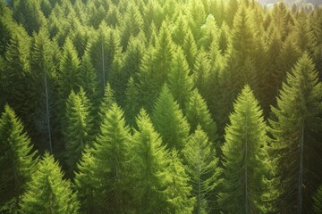 Healthy green trees in a forest of old spruce, fir and pine, generate ai