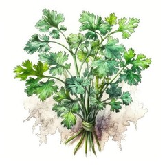 Parsley in watercolor style with ink outline on white background (generative AI)