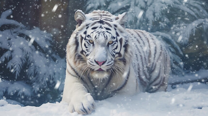 Fototapeta na wymiar white tiger in snowfall . siberian tiger in snowfall. tiger in snow. Generative AI