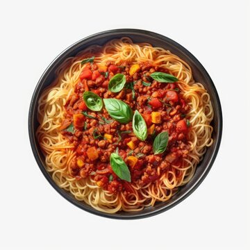 The image shows vegan spaghetti bolognese on a transparent background. (Generative AI)