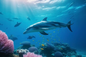 Fototapeta na wymiar Dolphins swimming in the undersea, Beautiful Underwater and colorful coral in the wild nature of the Pacific Ocean, Generate Ai