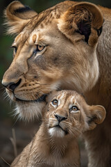 Fototapeta premium Mother's love in the animal kingdom. Portrait of harmony of mother and cub. A mother's love is crucial for survival in nature. Realistic 3D illustration. Generative AI