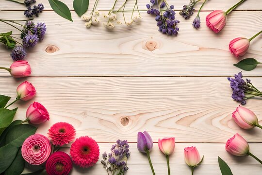 top view of flowers on wooden background with copy space. Abstract natural floral frame layout with text space. Romantic feminine composition. Wedding invitation. International Women day, Mother Day 