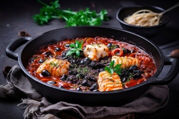 Traditional Italian spaghetti al nero di seppia with squid ink in tomato sauce served as close-up in a cast-iron pan on a wooden board, generate ai