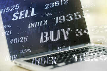 Multi exposure of abstract creative financial chart on computer background, research and analytics concept