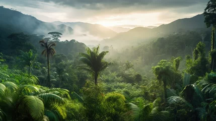 Schilderijen op glas Rainforest landscape with trees and fog in the morning, Generative AI © Sasint