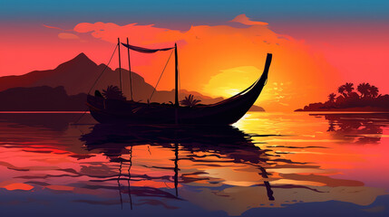 Silhouette of a traditional long-tail boat, beach, sunset. Generative ai