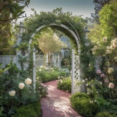 Fototapeta na wymiar White Fence and Ivy Archway - Magical Garden Scene created with Generative AI technology