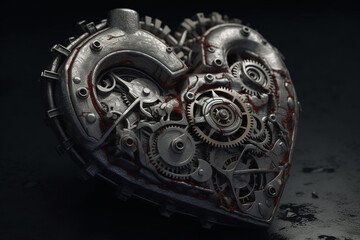 Heart made of metallic and grunge gears, cogwheels, cogs and other mechanical parts Illustration. Retro vintage, pop-art style. Generative AI