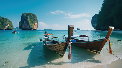 Obraz premium Classic boat near tropical islands with crystal clear water. Generative ai