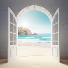 Clean and Elegant Archway - Sunlit Shoreline View Backdrop created with Generative AI technology