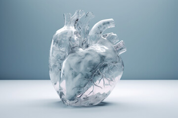 Abstract human heart made from ice. Copy space and pastel soft colors. Generative AI
