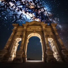 Naklejka premium Mystical Stone Archway - Enchanting Cosmic Scene created with Generative AI technology