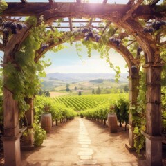 Ripe Grape Archway - Warm Summer Vineyard View Backdrop created with Generative AI technology